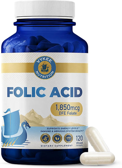 Vykee Nutrition Folic Acid Capsules – Supports Body Processes, Antenatal Health and Energy – Vitamin B9 Supplement – Vegan, Non-GMO, Gluten-free – 1,850 mcg DFE, 120 Count