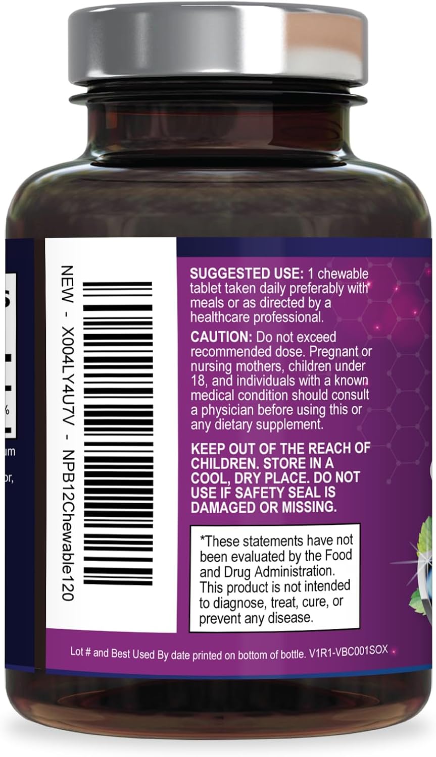 Vitamin B12 Complex (Methylcobalamin) 1000 mcg - Triple Strength B12 Supplement for Energy & Nervous System Support - Vegan, Sugar-Free, Berry Flavour - 120 Chewable Tablets - görsel 8