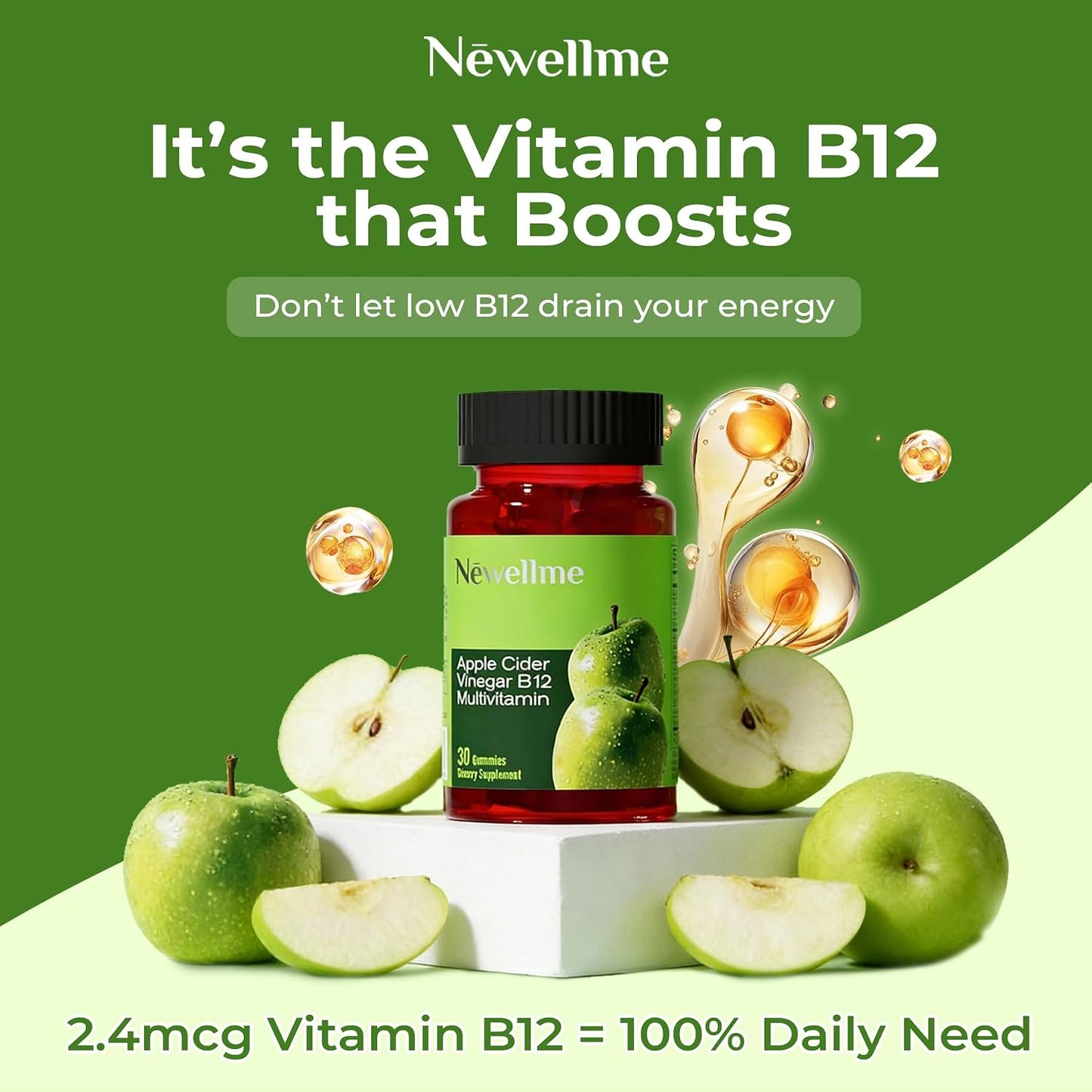 NEWELLME ACV Gummies with the Mother & B12 – Sugar-Free, Great-Tasting Vegan Gummies for Digestion, Metabolism & Daily Energy Support, 30 Count - görsel 3
