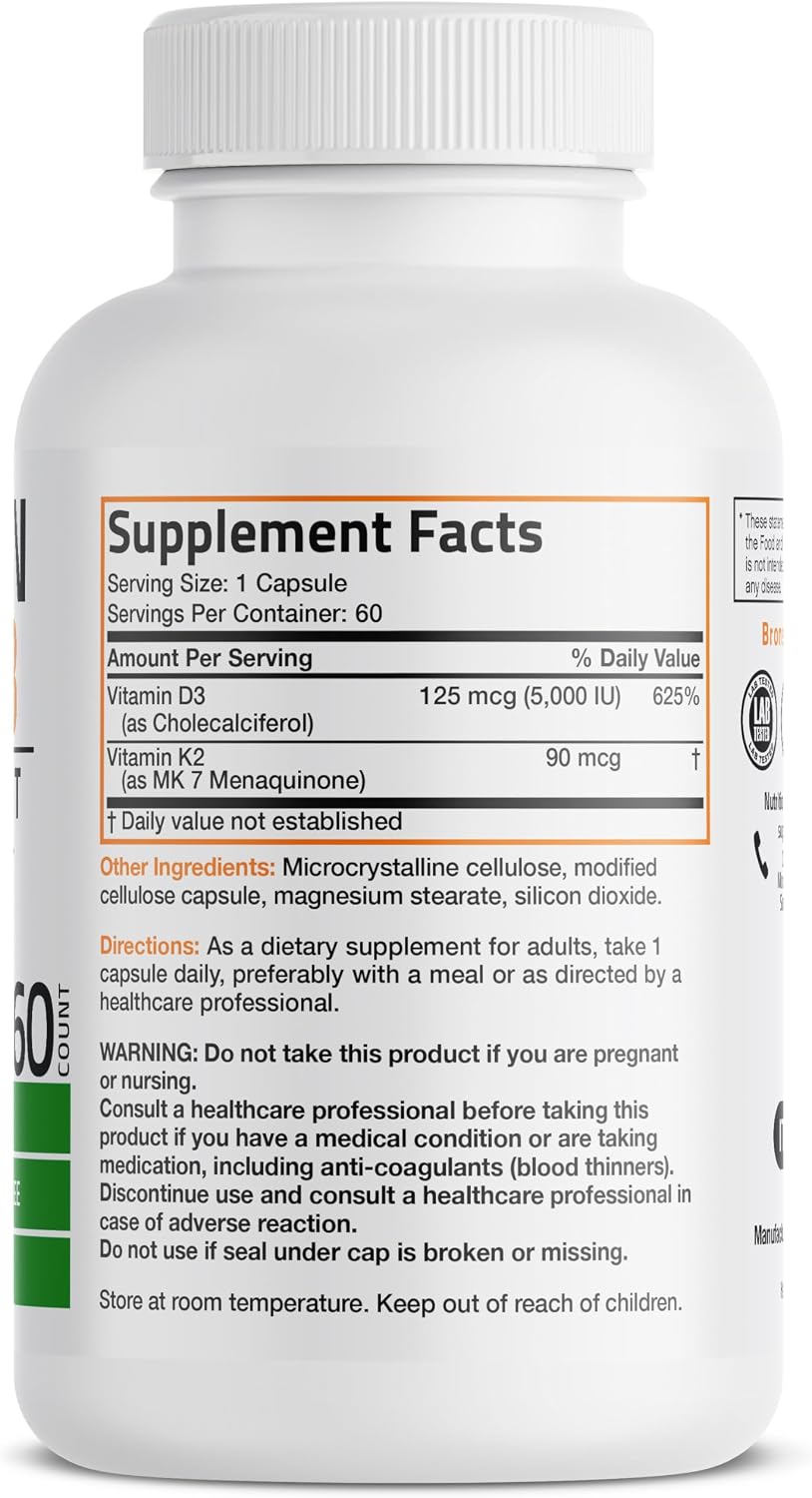 Bronson Vitamin K2 D3 (MK7) Food Supplement - 5000 IU D3 & 90 mcg K2 MK-7, 60 Capsules - görsel 2