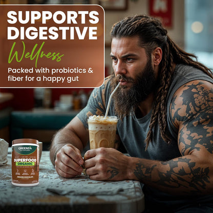 Greens+ Plus Organic Superfood Amazon Chocolate, Boost Energy, Essential Blend of Raw Foods, Non GM, Gluten-free, Organic and Vegan Powder, 240g