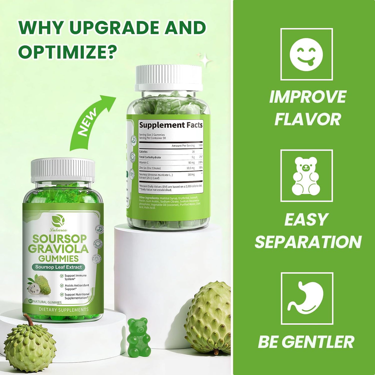 (2 Pack) Soursop Graviola Gummies - Concentrated Soursop Leaf Extract with Vitamin C, Zinc & Whole Natural Food for Immunity, Liver, Calming & Antioxidant, Sugar Free, Gluten-free, Vegan, 60 Gummies - görsel 8