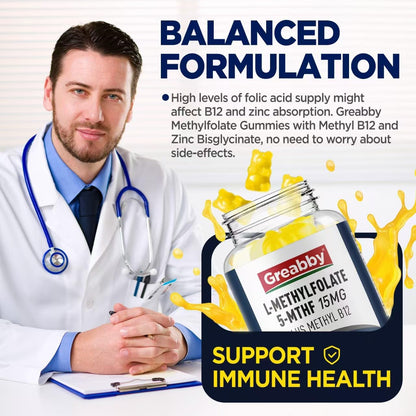 L Methylfolate Gummies, 5-MTHF 15 mg with Methyl B12 1000 mcg, Sugar-Free, 60 Gummies
