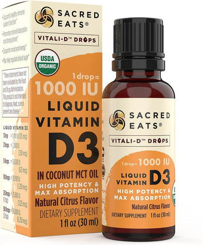 Organic Liquid Vitamin D Drops for Children and Adults, Sugar Free, 1000 IU/Drop in Coconut MCT Oil, Great Taste (Citrus)