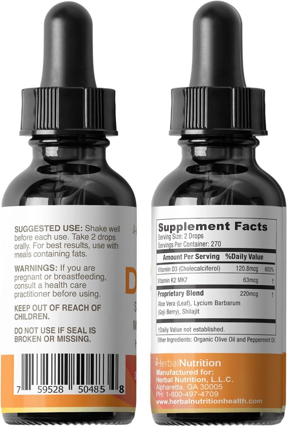 Herbal Nutrition Vitamin D3 + K2 Liquid Drops, 5000 IU D3 with K2 MK-7, 270 Servings - görsel 6
