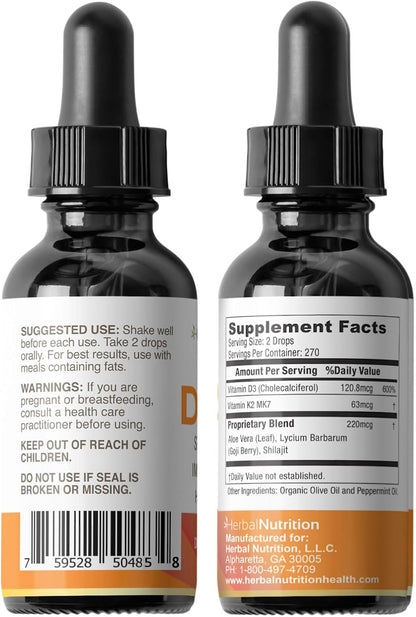 Herbal Nutrition Vitamin D3 + K2 Liquid Drops, 5000 IU D3 with K2 MK-7, 270 Servings