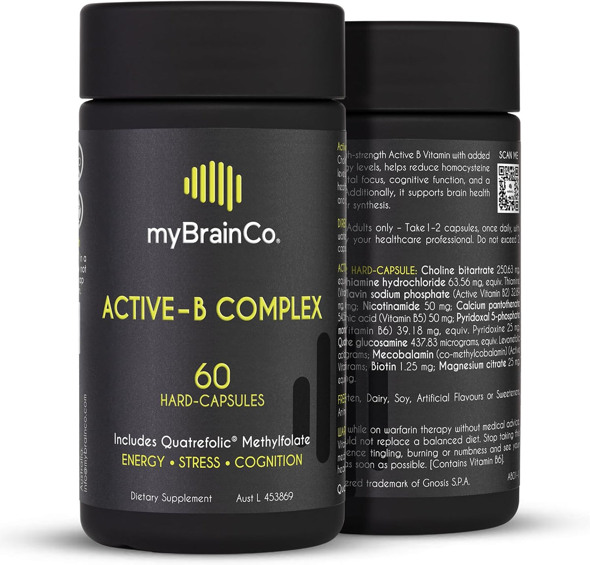 myBrainCo. Active-B Complex – High Strength Activated B Vitamin Supplement with B2, B6, B12 & Methyl Folate – Contributes to Normal Energy Release, Brain Function & Nervous System – 60 Vege-Capsules - görsel 1