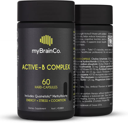 myBrainCo. Active-B Complex – High Strength Activated B Vitamin Supplement with B2, B6, B12 & Methyl Folate – Contributes to Normal Energy Release, Brain Function & Nervous System – 60 Vege-Capsules