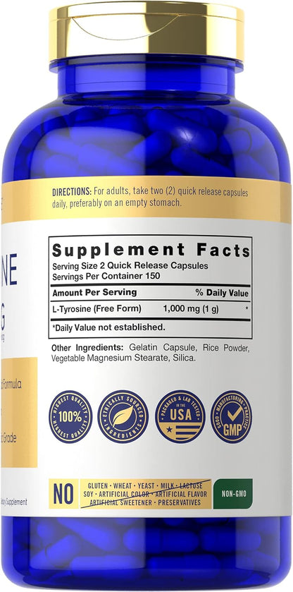 Carlyle L-Tyrosine Capsules 1000mg, 300 Count, High Strength, Non-GMO & Gluten-free