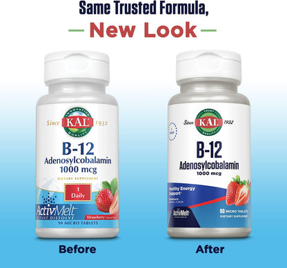 KAL Vitamin B12 Adenosylcobalamin 1000mcg - Strawberry Flavour - 90 ActiveMelt Micro Tablets
