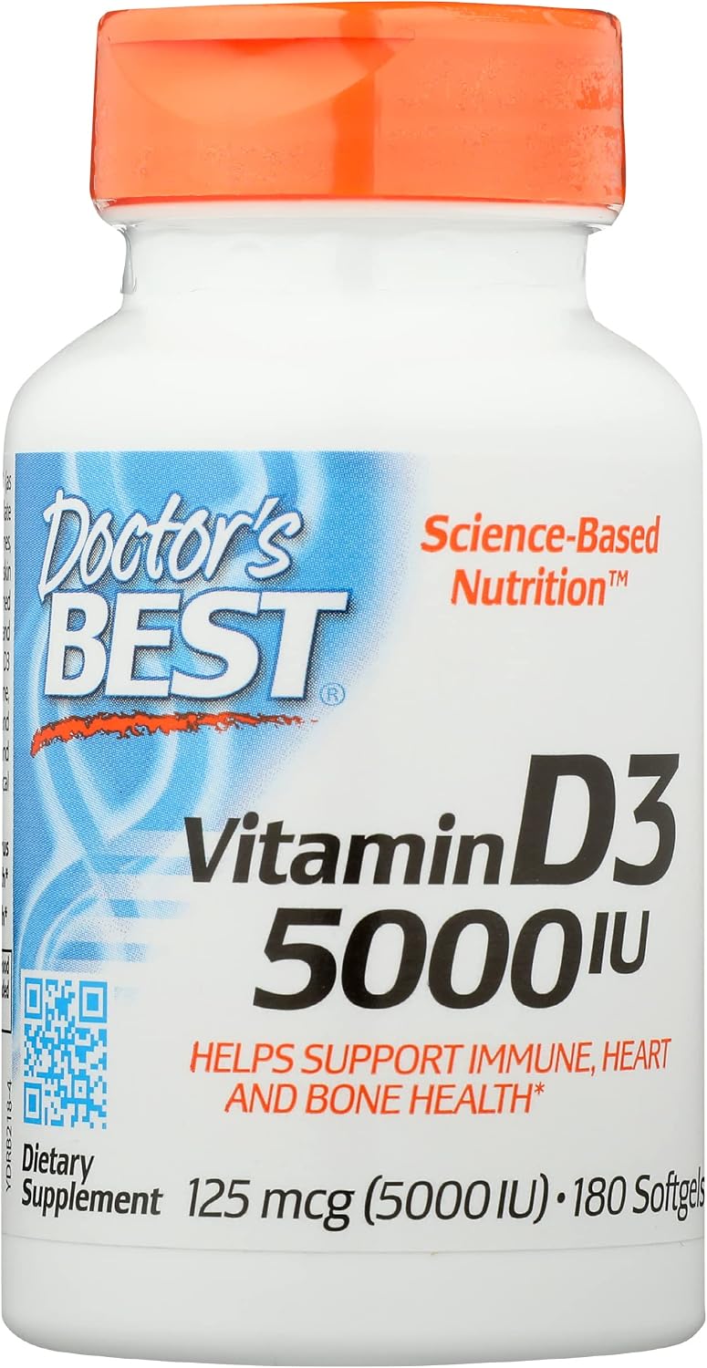 Doctor's Best Vitamin D3 5000IU, Non-GMO, 180 Soft gel capsule (Pack of 1) - görsel 1