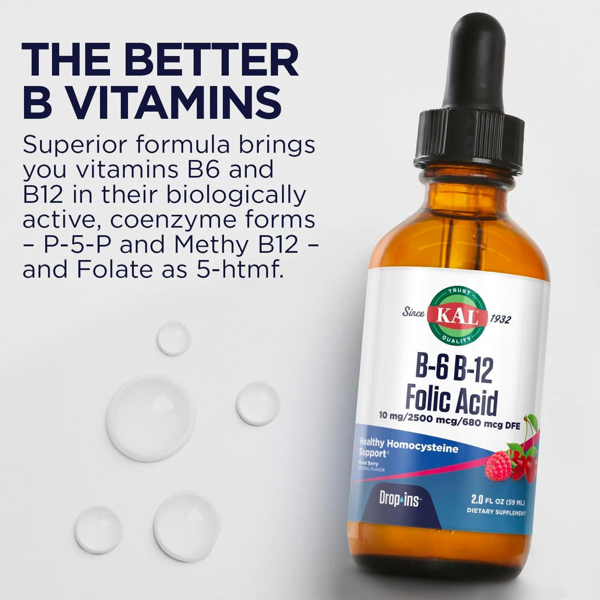 KAL Vitamin B-6 B-12 Folic Acid DropIns - Liquid Supplement with Methyl B12 and Methyl Folate, Natural Mixed Berry, 2fl oz (59 ml) - görsel 6