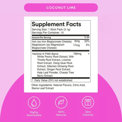 MIXHERS Hertime PMS - Supports a Healthy Menstrual Cycle - with Minerals, Peony Roots, Siberian Ginseng - Sugar-Free - 15 Sachets - Coconut Lime