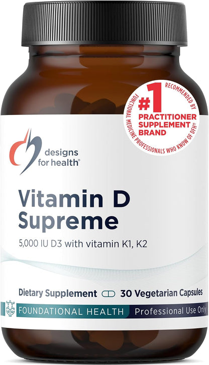 Vitamin D Supreme - Vitamin D3 5000 IU with Vitamin K (MK-4) 2000mcg and GG for Bone Health, Immune Function & Overall Wellbeing (30 Capsules)