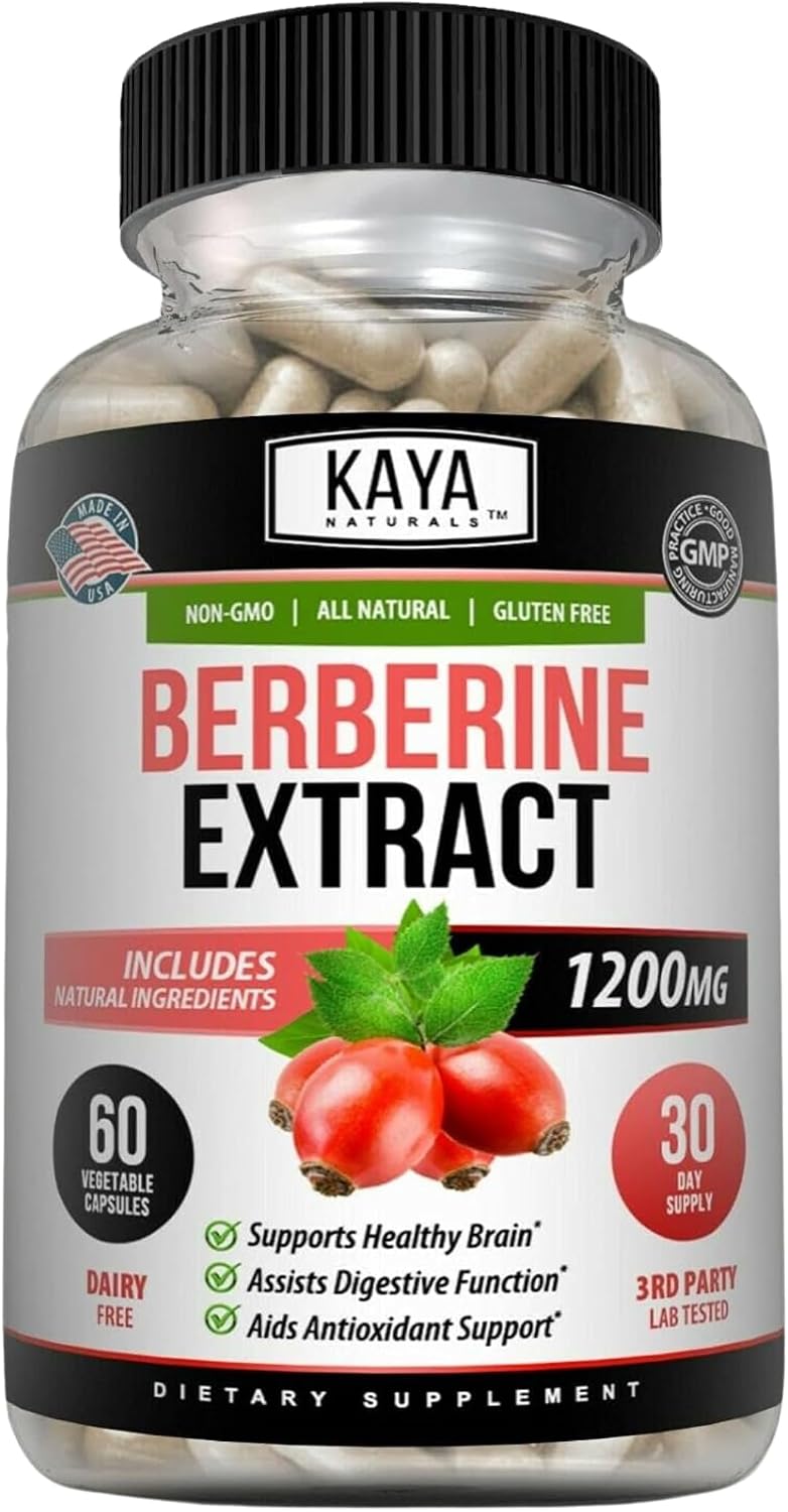 Kaya Naturals Berberine HCL Extract 1200mg - Immune System Support, Gluco Levels, Gut Health - Vegetarian, Non-GM & Gluten-Free (60 Capsules) - görsel 1