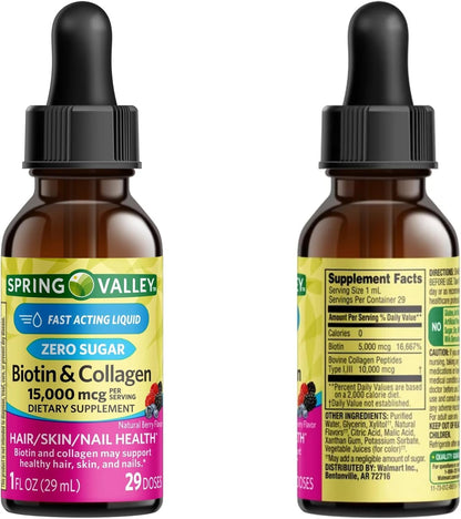 Liquid Biotin and Collagen 15000 mcg, Natural Berry Flavour, Drops for Hair, Skin, Nails (Pack of 2)