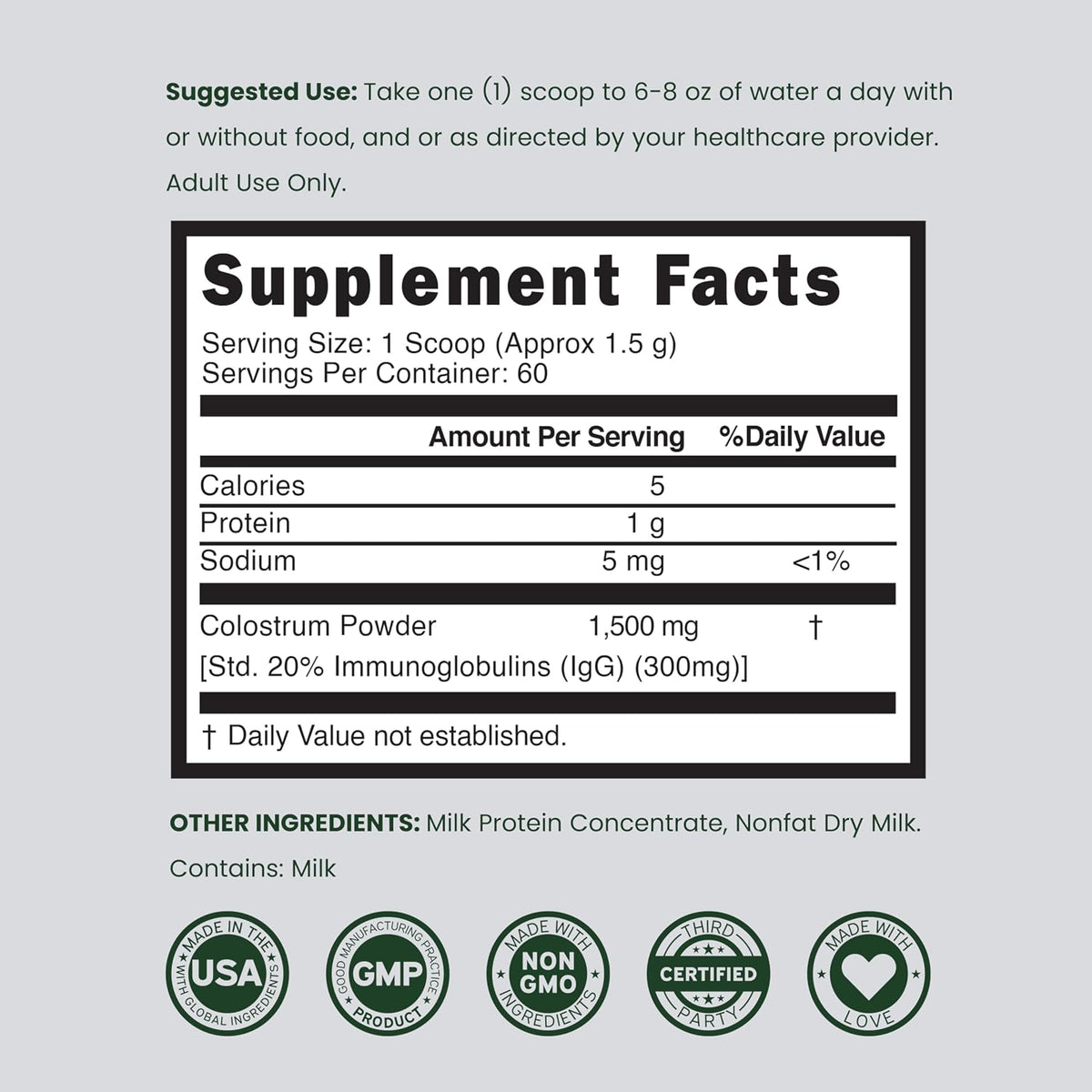 Colostrum Supplement Powder 90g (60 Servings of 1.5g Pure Bovine Colostrum Std. to Contain 20% IgG Immunoglobulins) Grass Fed Powder - No Fillers, Third-party Tested, Unflavoured & Non-GMO - görsel 7