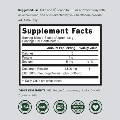 Colostrum Supplement Powder 90g (60 Servings of 1.5g Pure Bovine Colostrum Std. to Contain 20% IgG Immunoglobulins) Grass Fed Powder - No Fillers, Third-party Tested, Unflavoured & Non-GMO