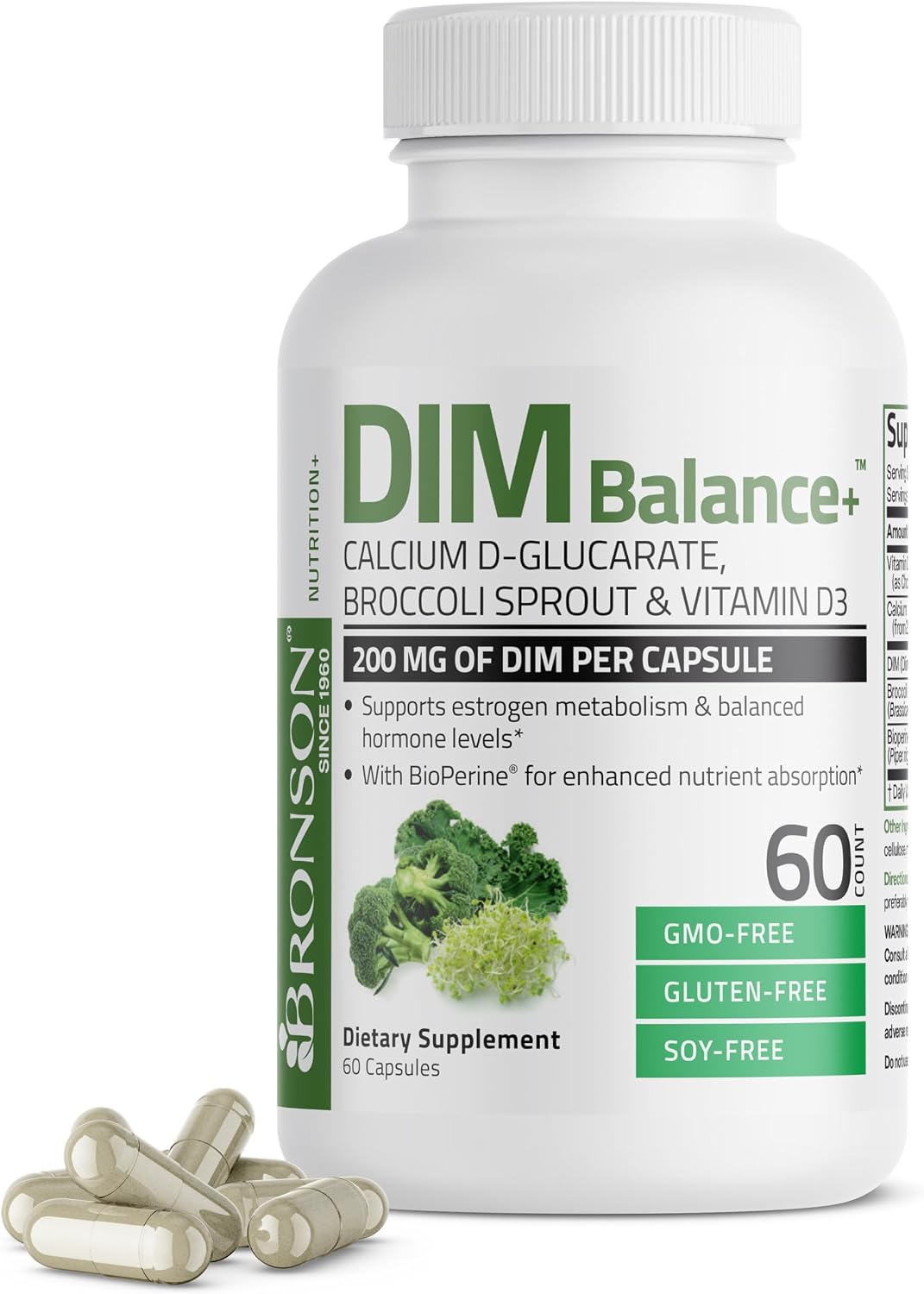 Bronson DIM Balance+ - Food Supplement with DIM, Calcium D-Glucarate, Broccoli Sprout & Vitamin D3 (60 Vegetarian Capsules) - görsel 1