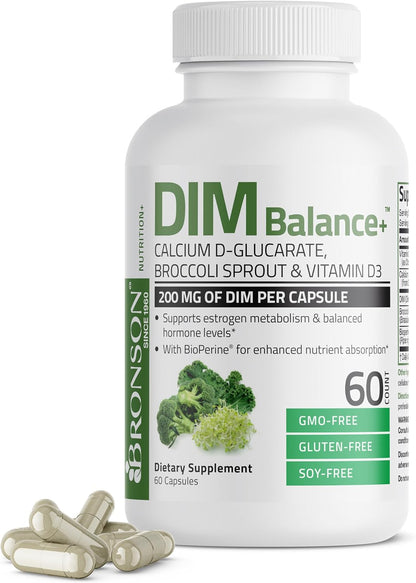 Bronson DIM Balance+ - Food Supplement with DIM, Calcium D-Glucarate, Broccoli Sprout & Vitamin D3 (60 Vegetarian Capsules)