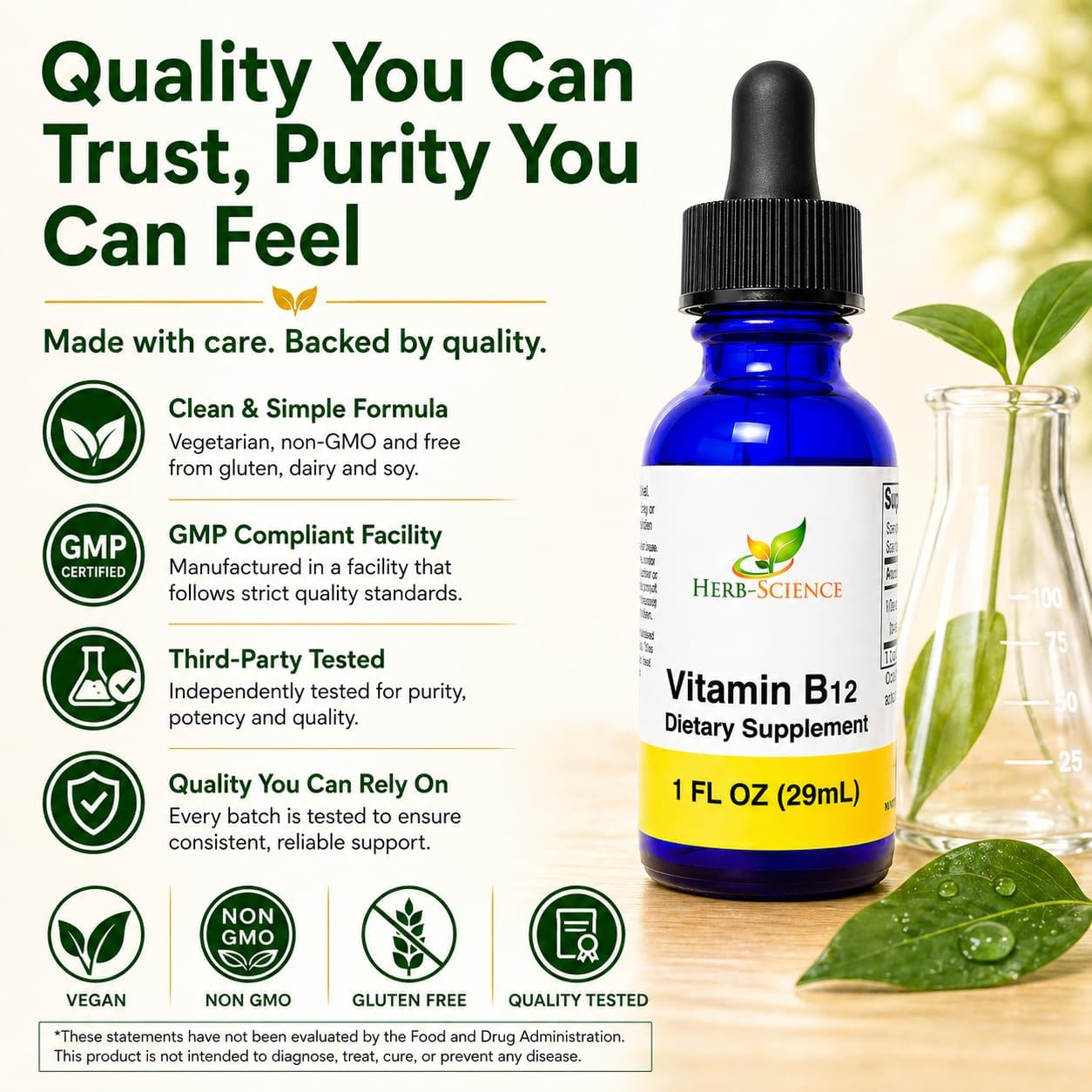 Herb-Science Liquid Vitamin B12 – Cold-Pressed Cyanocobalamin Sublingual Drops, Vegan, Alcohol-Free, 1 fl oz - görsel 6