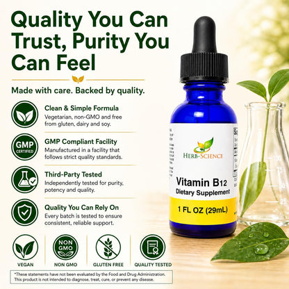 Herb-Science Liquid Vitamin B12 – Cold-Pressed Cyanocobalamin Sublingual Drops, Vegan, Alcohol-Free, 1 fl oz