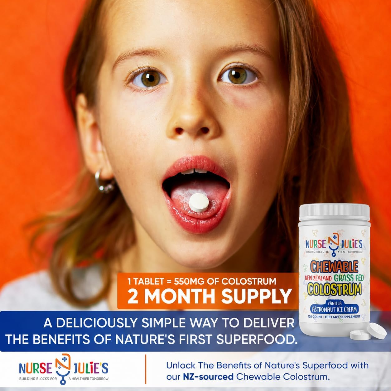 Nurse Julie's Chewable Colostrum for Kids - 120 Chewable Tablets - görsel 6