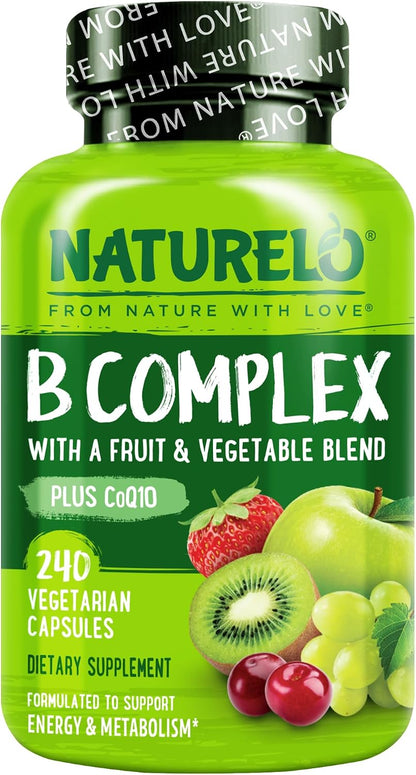 NATURELO Vitamin B Complex - Methylated with CoQ10, Folate & Biotin - Vegan, 240 Capsules