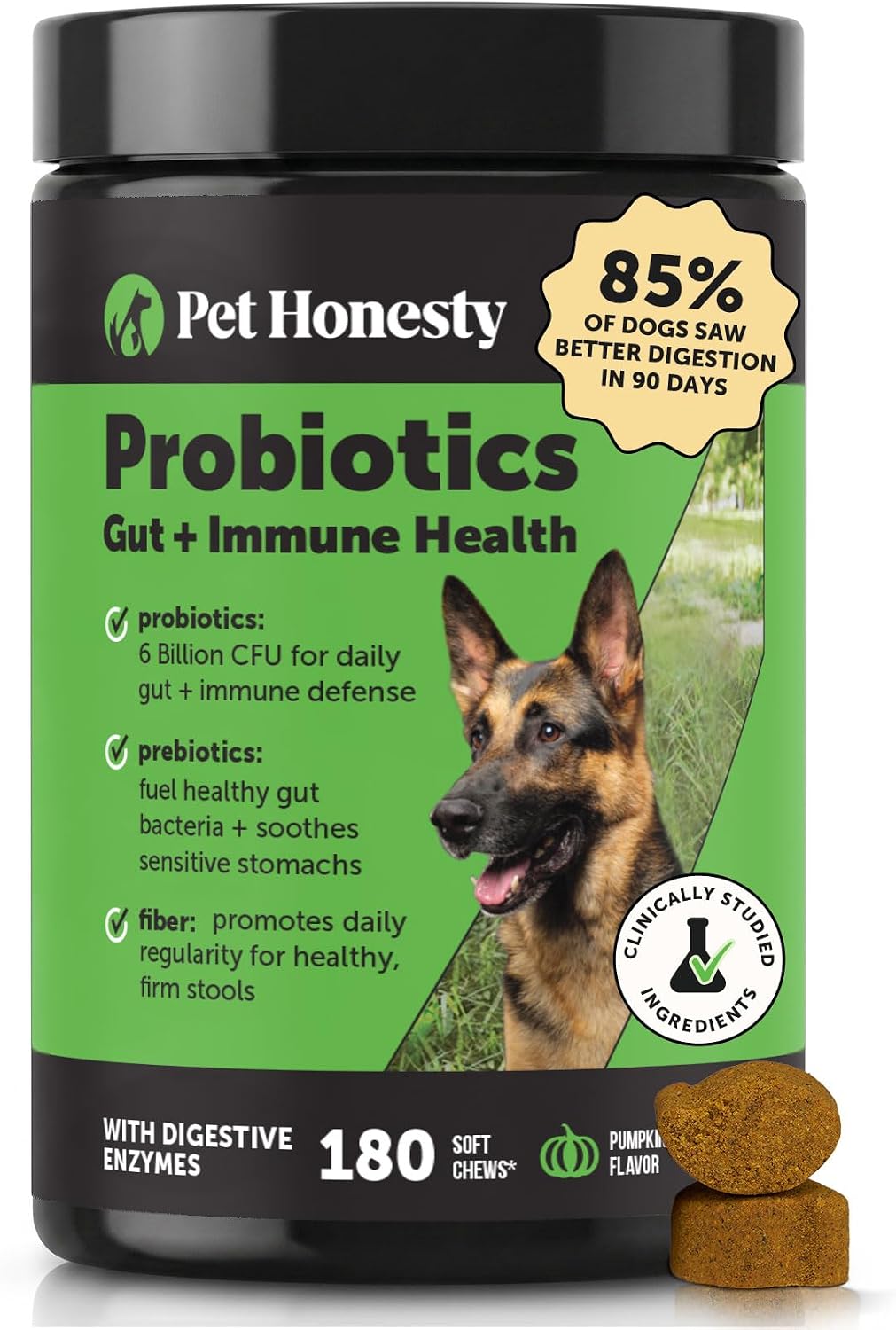 Pet Honesty 6 Billion CFU Probiotics for Dogs with Prebiotics, Digestive Enzymes and Fibre – Pumpkin Flavour, 180 Chews - görsel 1