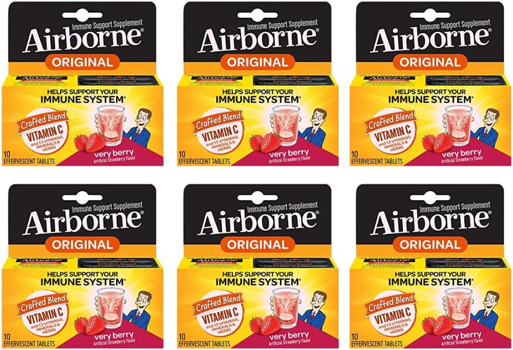 Airborne Very Berry Effervescent Tablets, 1000mg Vitamin C, Immune Support, 10 Tablets (Pack of 6) - görsel 1