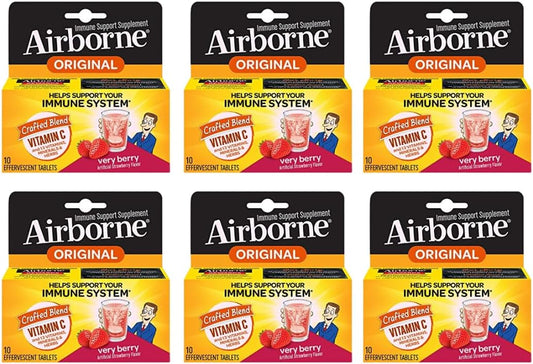 Airborne Very Berry Effervescent Tablets, 1000mg Vitamin C, Immune Support, 10 Tablets (Pack of 6)