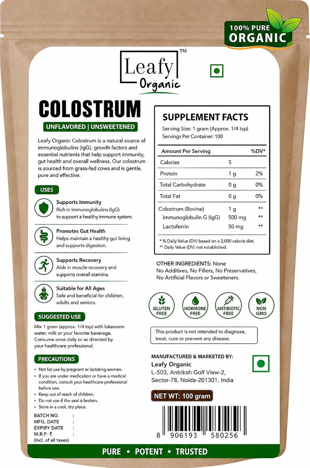 Leafy Organic Colostrum Powder Supplement – 100% Pure, Unflavoured, 100g – Gut Health & Immune Support - görsel 2