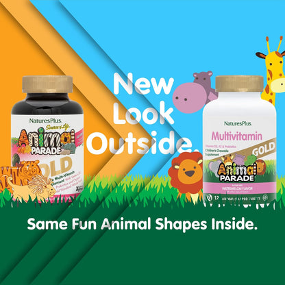 NaturesPlus Animal Parade Gold Multivitamin Children’s Chewables - Watermelon Flavour - 120 Animal-Shaped Tablets, Pack of 2