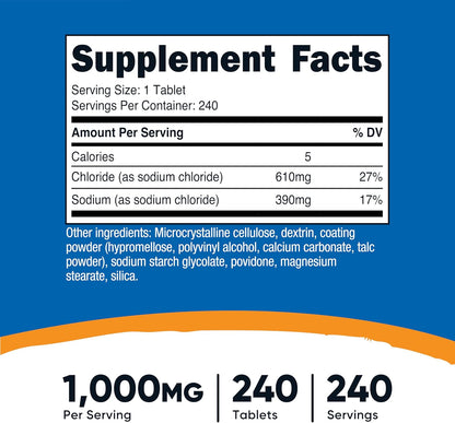Nutricost Sodium Chloride 1000mg, 240 Tablets - Salt Tablets, Non-GM, Gluten-free