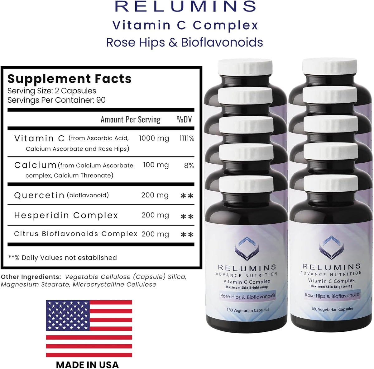 Relumins Advanced Vitamin C with Rose Hips, 1000mg, 180 Capsules (10 Bottles) - görsel 8