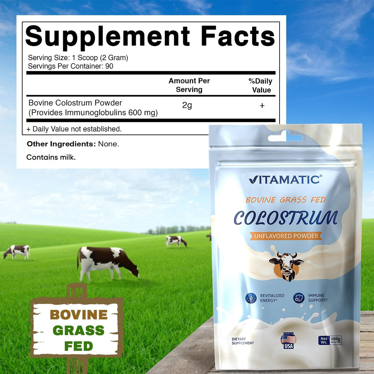Vitamatic Bovine Colostrum 30% IgG Powder – Gut Health, Hair, Beauty, Muscle Recovery, Immune Support – Unflavoured (180g) - görsel 2