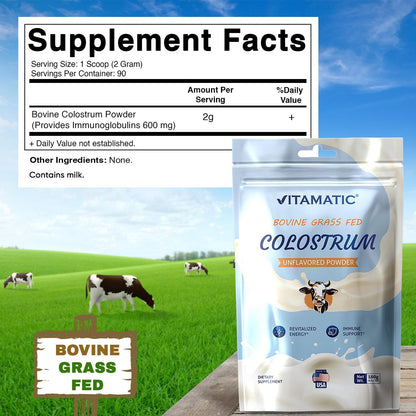 Vitamatic Bovine Colostrum 30% IgG Powder – Gut Health, Hair, Beauty, Muscle Recovery, Immune Support – Unflavoured (180g)