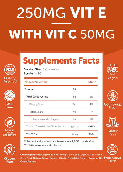 Lunakai Vitamin E 400 IU Gummies with Vitamin C 50mg, for Immune & Skin Support - d-Alpha-Tocopherol for Adults, Vegan, Non-GM, 60 Daily Gummies