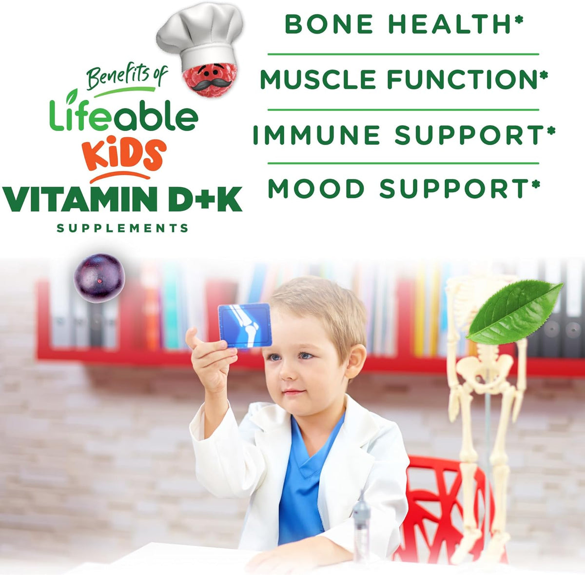 Lifeable Kids Vitamin D3 K2 Gummies - 500 IU D3 + 100 mcg K2, Strawberry Flavour, 60 Gummies - görsel 3