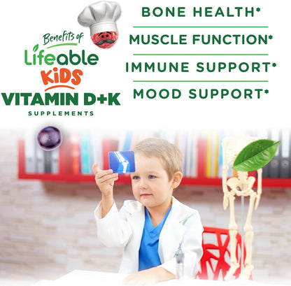Lifeable Kids Vitamin D3 K2 Gummies - 500 IU D3 + 100 mcg K2, Strawberry Flavour, 60 Gummies