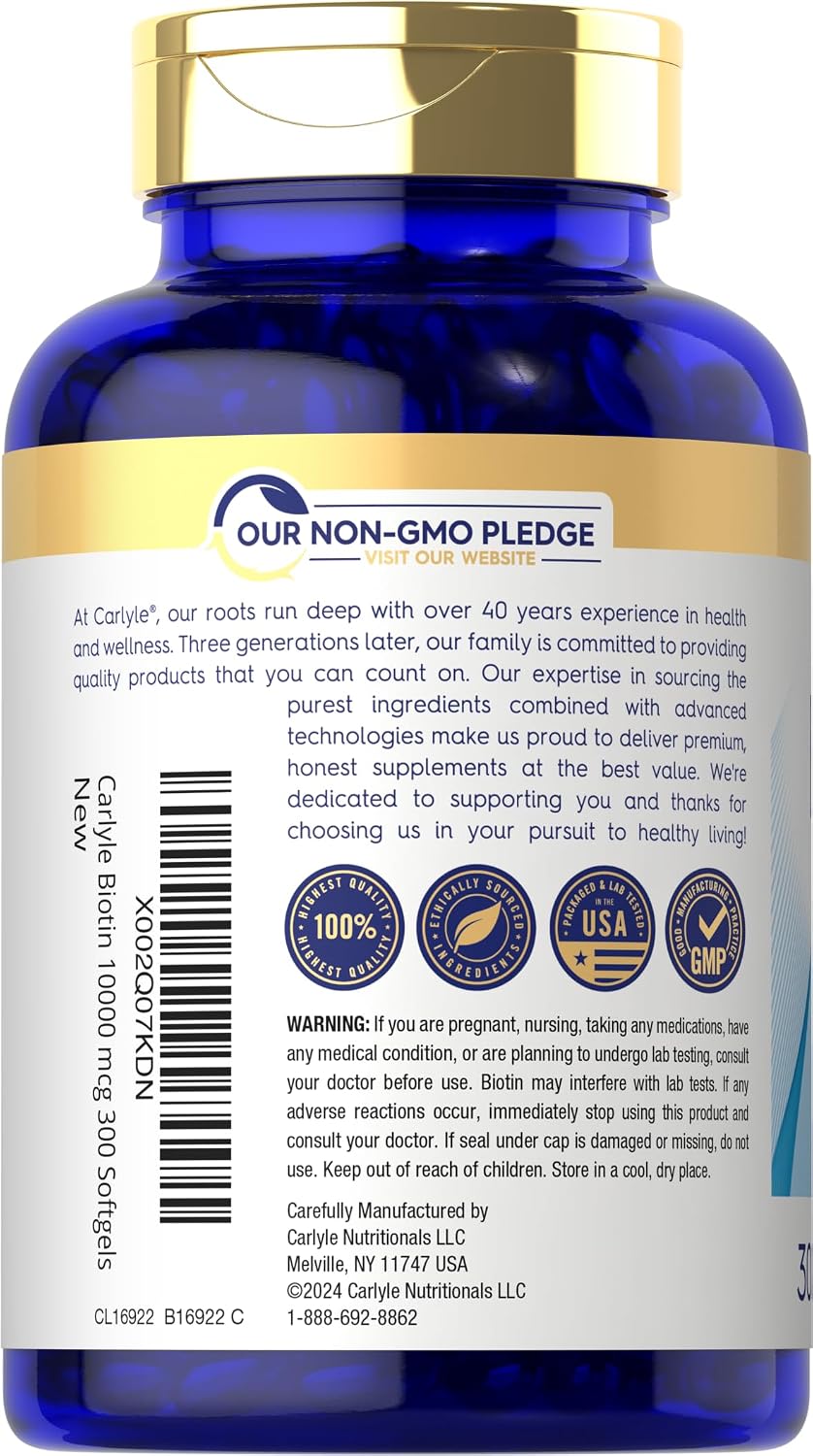 Carlyle Biotin 10000mcg, 300 Softgels - High Strength for Hair, Skin, and Nails - görsel 3