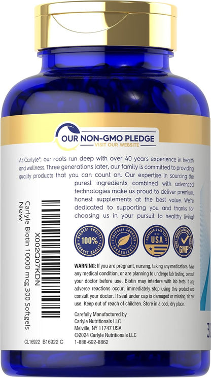 Carlyle Biotin 10000mcg, 300 Softgels - High Strength for Hair, Skin, and Nails