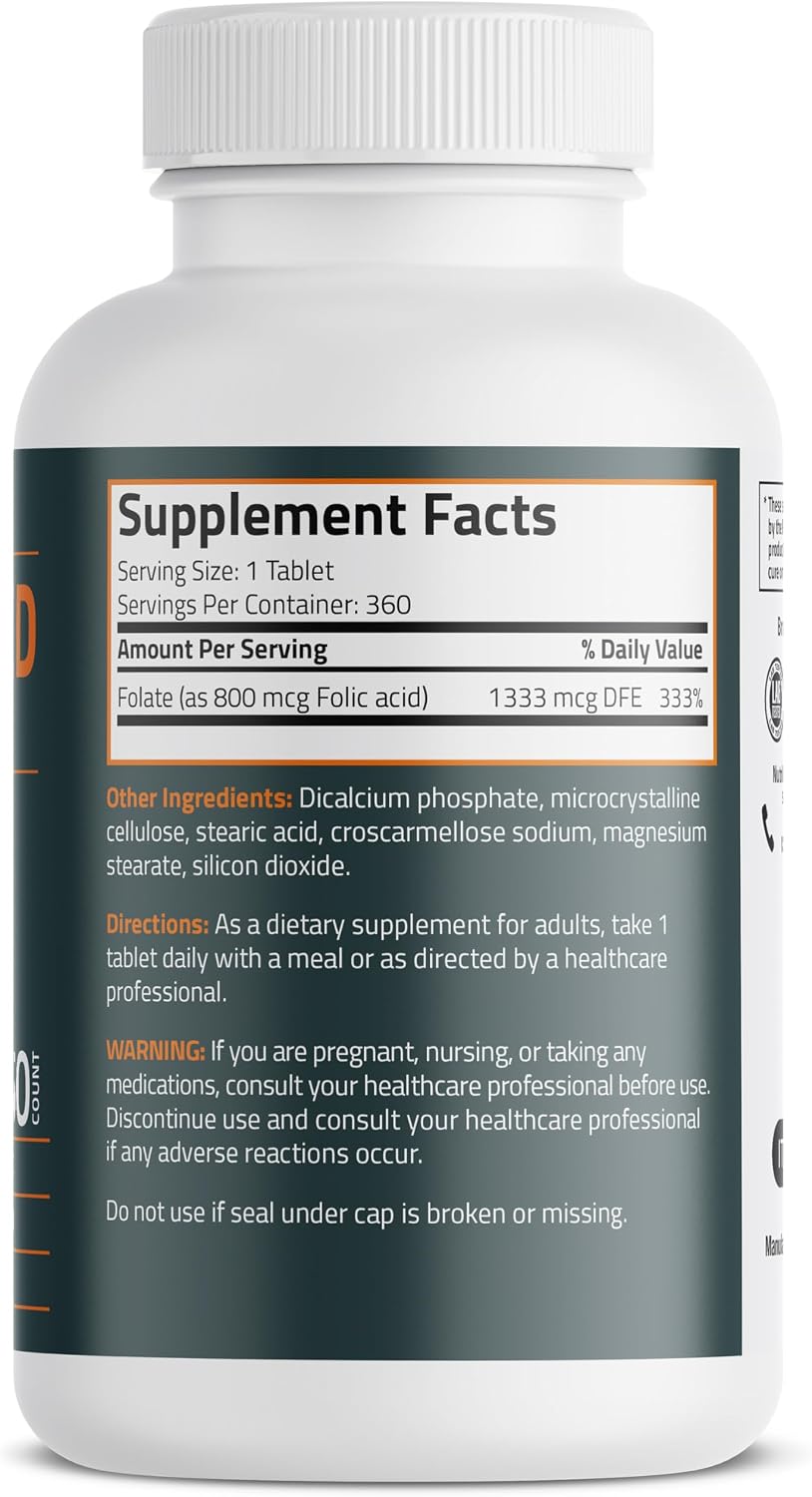 Bronson Folic Acid 800 mcg Supports Prenatal Development, Non-GMO, 360 Tablets - görsel 2