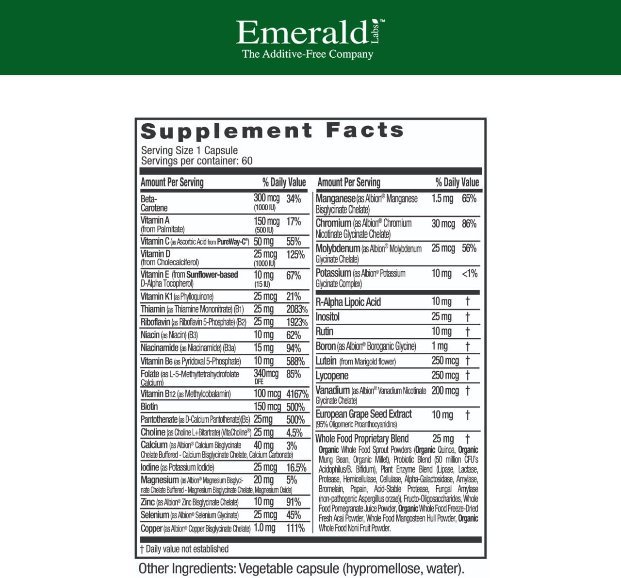 EMERALD LABS Complete 1-Daily Multivitamin - 60 Vegetable Capsules - görsel 2