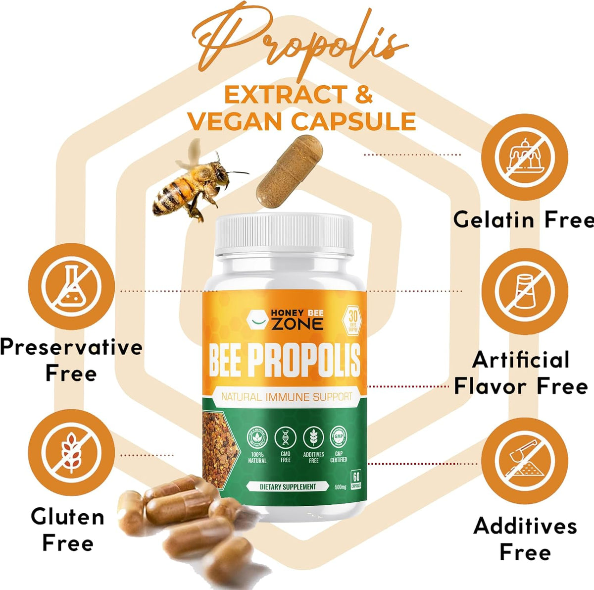 HONEYBEEZONE Bee Propolis Capsules – 100% Natural Immune Support Supplement (60 Veggie Capsules) - görsel 3