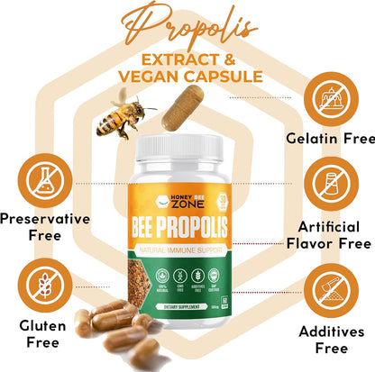 HONEYBEEZONE Bee Propolis Capsules – 100% Natural Immune Support Supplement (60 Veggie Capsules)