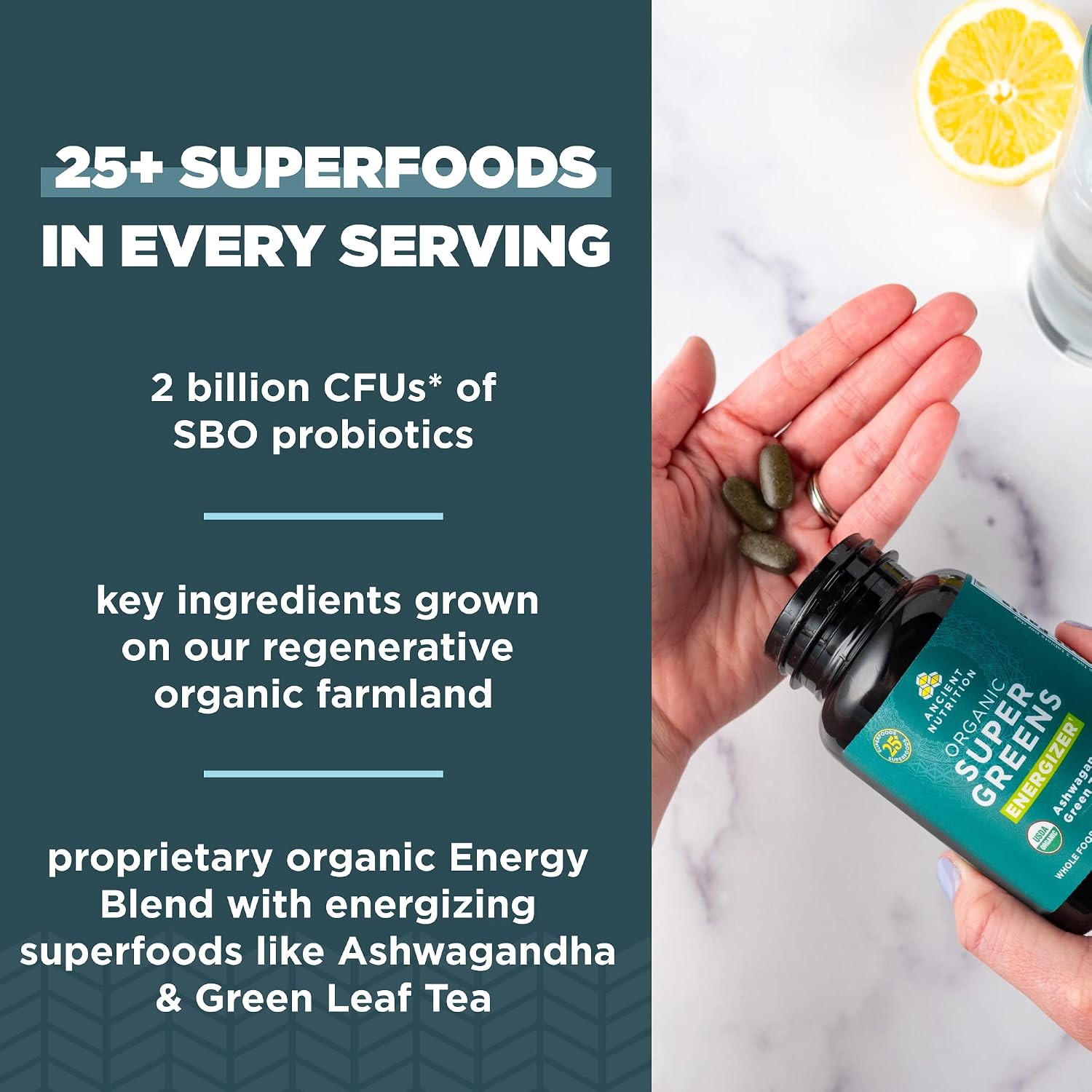 Ancient Nutrition Supergreens Energizer Tablets, Organic Superfood Tablets with Caffeine, for Digestive and Energy Support, 90 Count - görsel 4