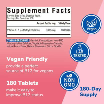 Vitalibre Vitamin B12 5000 mcg Sublingual Methylcobalamin - Fast Dissolve, Vegan, Natural Peach Flavour, 180 Tablets