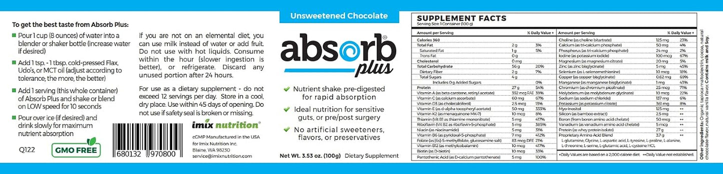 Absorb Plus Isolate Protein - Nutritional Supplement for Gentle Digestion, Extra Nutritional Support, Non-GMO, Gluten-Free, Lactose-Free, Casein-Free (100 g, Unsweetened Chocolate) - görsel 4