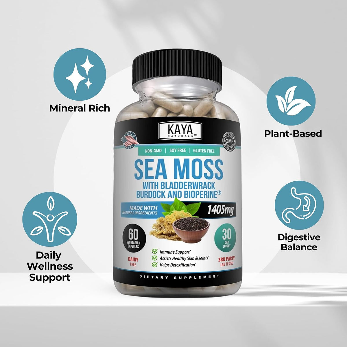 Kaya Naturals Sea Moss - Mobility Supplement with Burdock Root, Bladderwrack & BioPerine, 60 Capsules - görsel 4